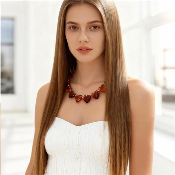 🧡 Chic Amber Heart Beaded Necklace – Tortoise Pattern Hearts - Picture 3 of 6